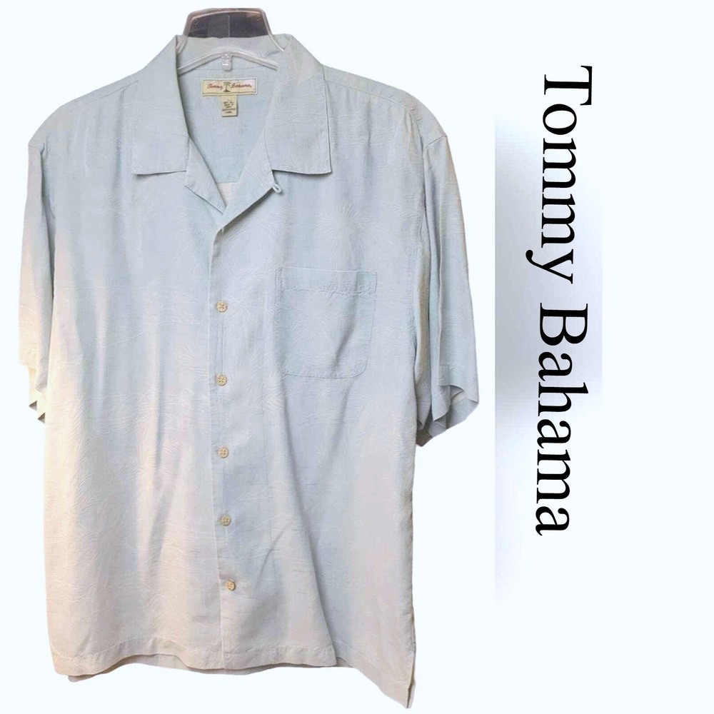 Tommy Bahama Large Light Blue 100% Silk Palm Jacquard Camp Shirt Short Sleeve
